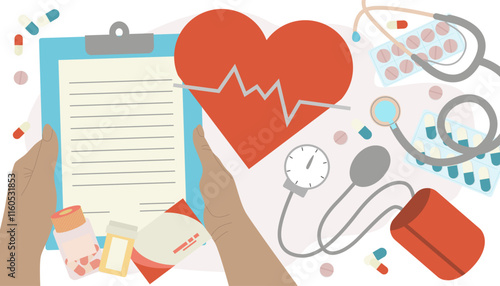 Healthcare. Medical equipment to use at home. Medicines to treat diseases. Cardiology. Vector illustration.