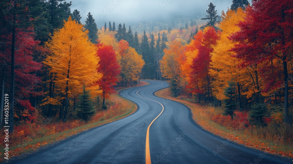 Naklejka premium Serene Winding Road Surrounded by Vibrant Autumn Trees in Golden, Red, and Orange Hues, Perfect for Nature Campaigns and Seasonal Themes