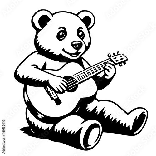 Happy Bear Playing Guitar Black and White Vector