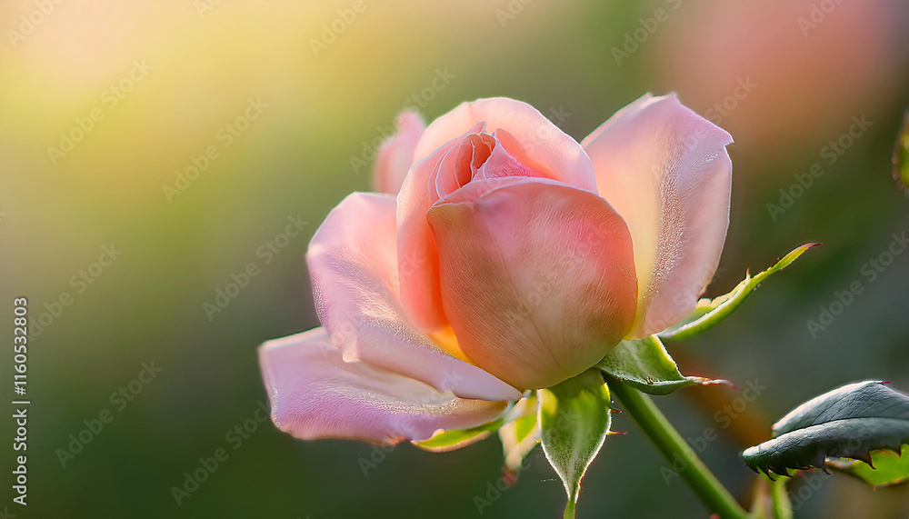 Delicate pink edges of a rosebud begin to unfurl, bathed in soft, warm light. This enchanting scene embodies the essence of love and romance, perfect for Valentine's Day and springtime Delicate pink edges of a rosebud begin to unfurl, bathed in soft, warm light. This enchanting scene embodies the essence of love and romance, perfect for Valentine's Day and springtime