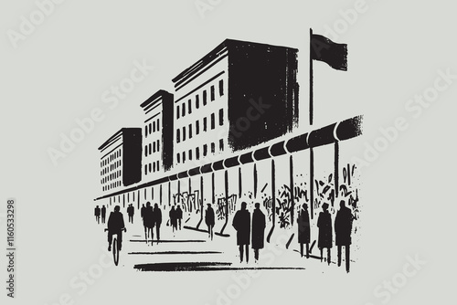  Minimalistic brush style illustration of the Berlin Wall in black and white.