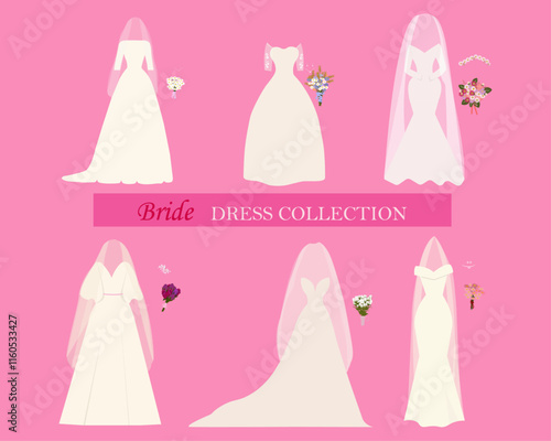 Wedding dress collection. Different styles and shapes. Set of various dresses. Vector illustration isolated on pink background