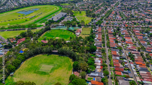 Panorama aerial drone view of western Sydney Suburbs of Canterbury Burwood Ashfield Marrickville Campsie with Houses roads and parks in Sydney New South Wales NSW Australia photo