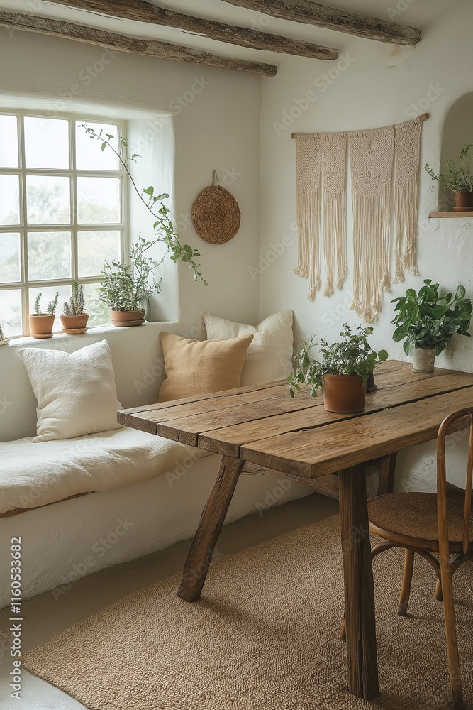Photographie intérieure d’un petit studio étudiant style bohème chic avec décorations murales en macramé, lit confortable, petite table en bois avec chaises dépareillées, et plantes d’intérieur Photographie intérieure d’un petit studio étudiant style bohème chic avec décorations murales en macramé, lit confortable, petite table en bois avec chaises dépareillées, et plantes d’intérieur