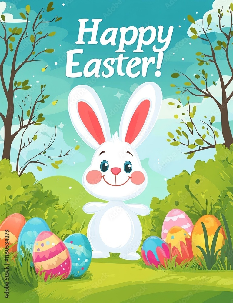 Vector greeting card with title 'Happy Easter!'. Cartoon spring scene with cute colored eggs and ears of a bunny. Vector greeting card with title 'Happy Easter!'. Cartoon spring scene with cute colored eggs and ears of a bunny.