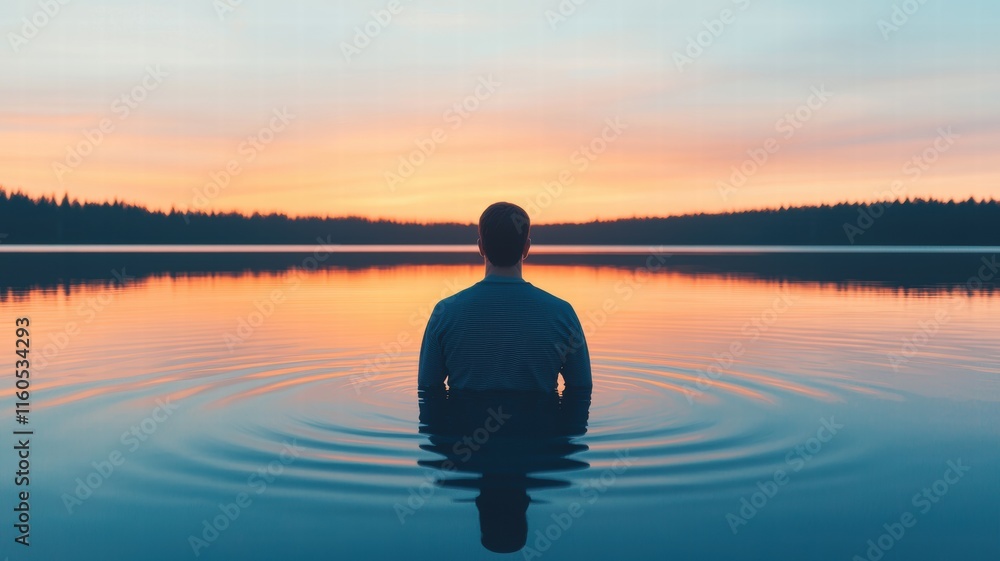 Serene sunset reflection on water with a person standing peacefully. Serene sunset reflection on water with a person standing peacefully.