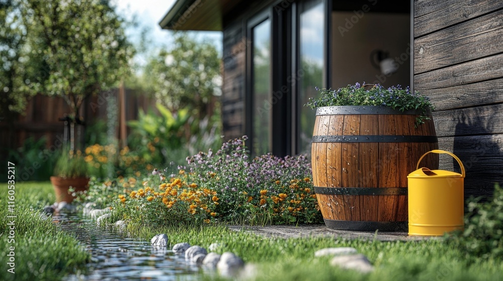 Naklejka premium Modern garden with rain barrel and watering can. Generative AI