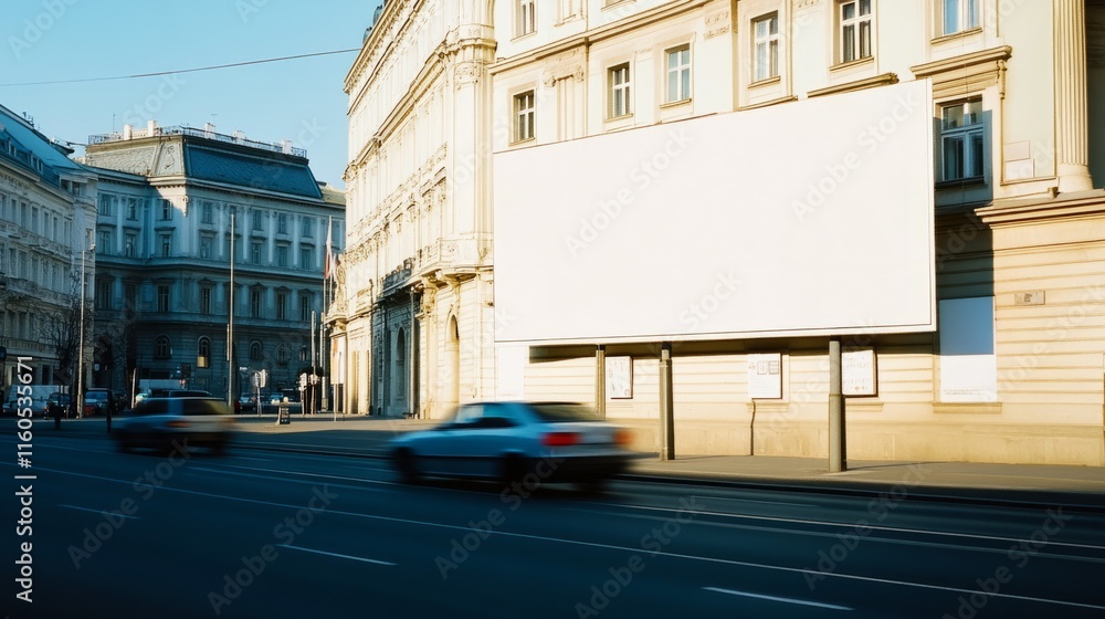 a white billboard mockup on a wall in city, Cars Driving by a white billboard mockup on a wall in city, Cars Driving by