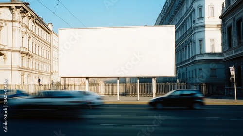  a white billboard mockup on a wall in  city, Cars Driving by
