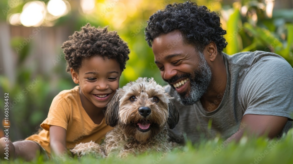 Joyful moments shared between a man, child, and dog in a lush garden setting Joyful moments shared between a man, child, and dog in a lush garden setting