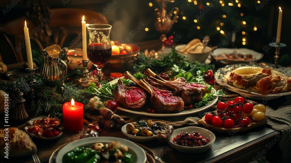 On a table with decorations, roasted lamb chops and vegetables
On a table with decorations, roasted lamb chops and vegetables