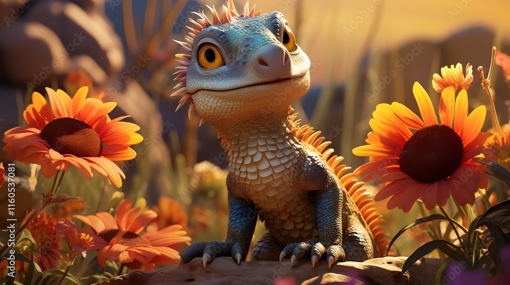 Fototapeta premium Cute cartoon lizard among flowers.