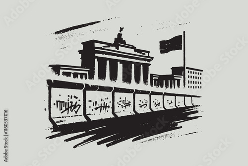  Minimalistic brush style illustration of the Berlin Wall in black and white.