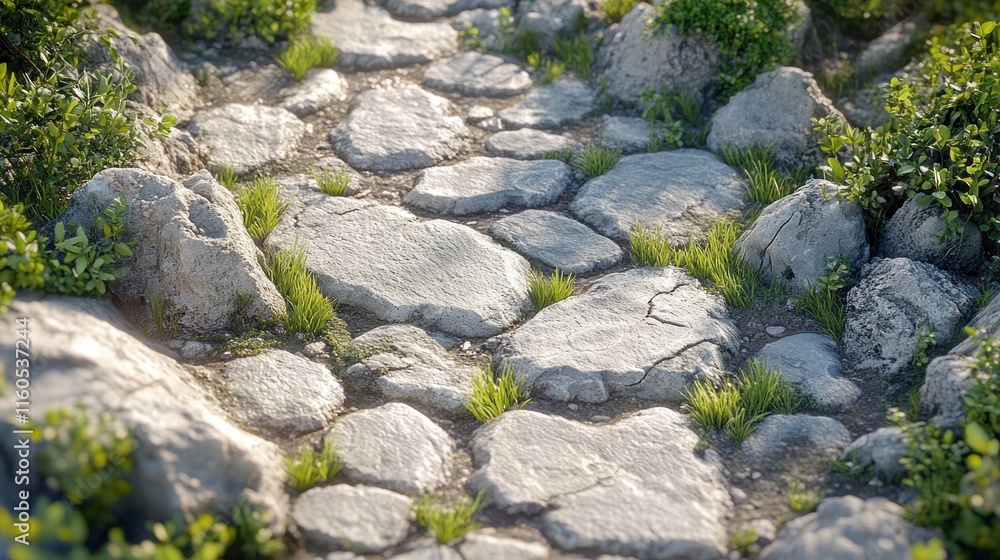 Stone path, plants, sunlight, nature.