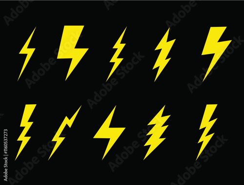 Lightning Bolt Sheet, Vector set of Lightning Bolts isolated on black background. Vector illustration
