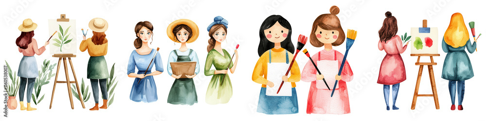 International women day element, Female artists painting and creating art in vibrant studio, isolated on transparent background. International women day element, Female artists painting and creating art in vibrant studio, isolated on transparent background.