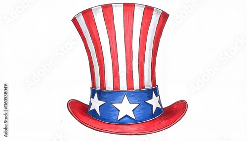 Festive red, white, and blue striped top hat adorned with shiny stars for patriotic celebrations. photo