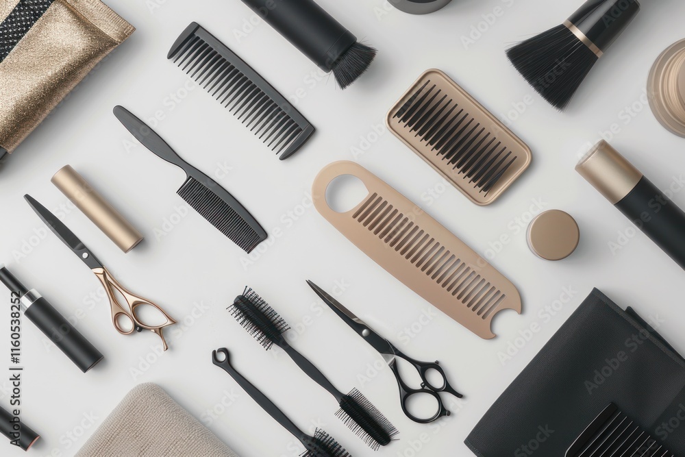 Flat lay of hairdressing tools and cosmetics. Flat lay of hairdressing tools and cosmetics.