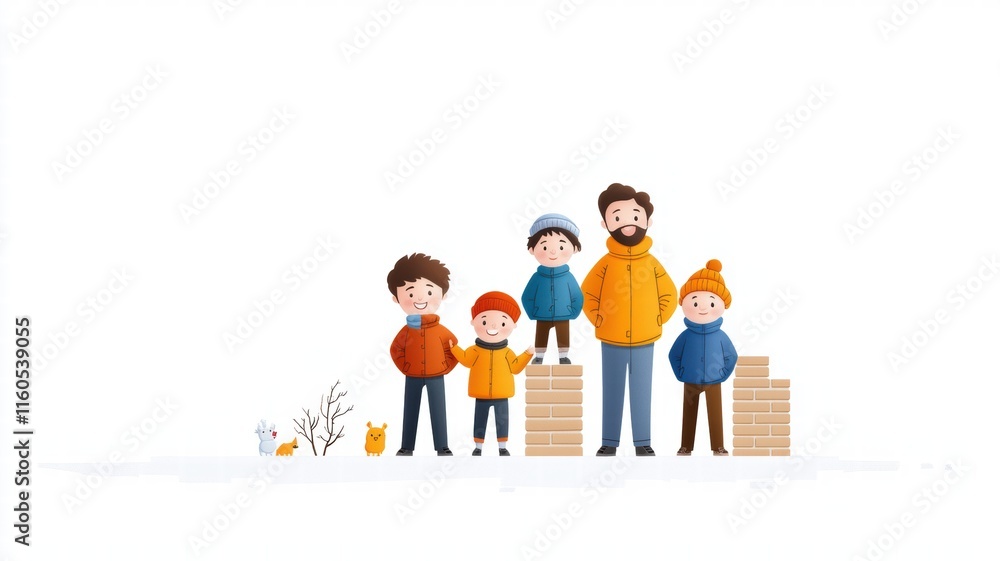 Emotional Value concept. Cheerful family of five enjoying winter activities together. Emotional Value concept. Cheerful family of five enjoying winter activities together.