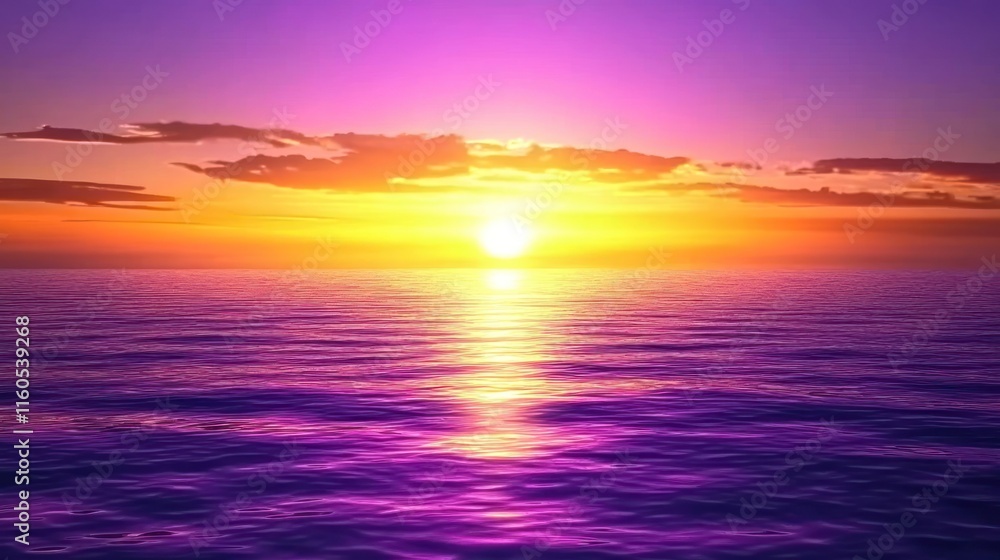 Obraz premium Vibrant sunset over calm ocean; sun reflecting on purple water.