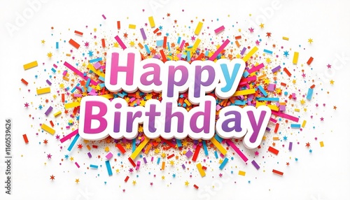 Vibrant Happy Birthday 3D Text Design Surrounded by Colorful Confetti Background