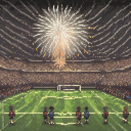 Pixel art depicting a vibrant football stadium with dazzling fireworks in the sky.