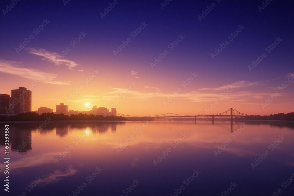 Serene urban landscape at sunset with water and sky Serene urban landscape at sunset with water and sky