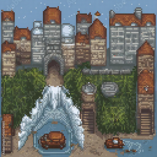 Pixel art cityscape with a central fountain