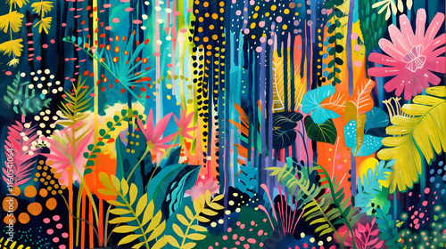 Fototapeta Naklejka Na Ścianę i Meble -  Whimsical abstract jungle rainforest wall art with palms, monstera leaves, and vibrant neon colors in a maximalist artistic style