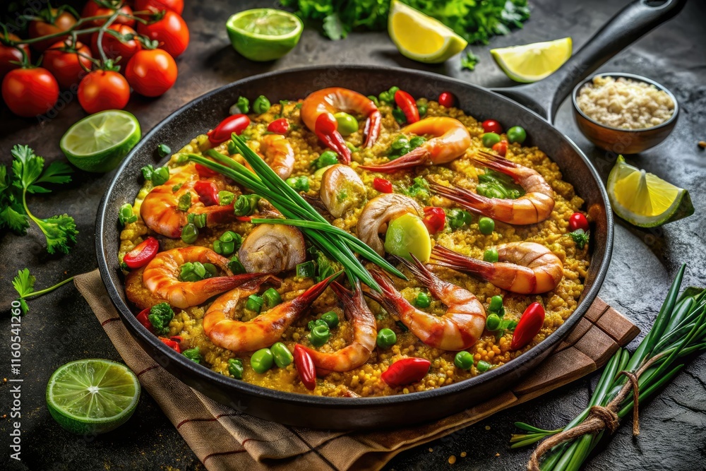 Delicious gourmet shrimp paella, a stunning Spanish seafood recipe, captured in mouthwatering food photography. Delicious gourmet shrimp paella, a stunning Spanish seafood recipe, captured in mouthwatering food photography.