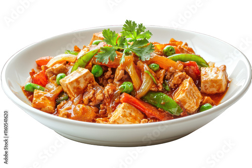 Vegetarian Mapo Tofu, spicy stir-fry, white background.