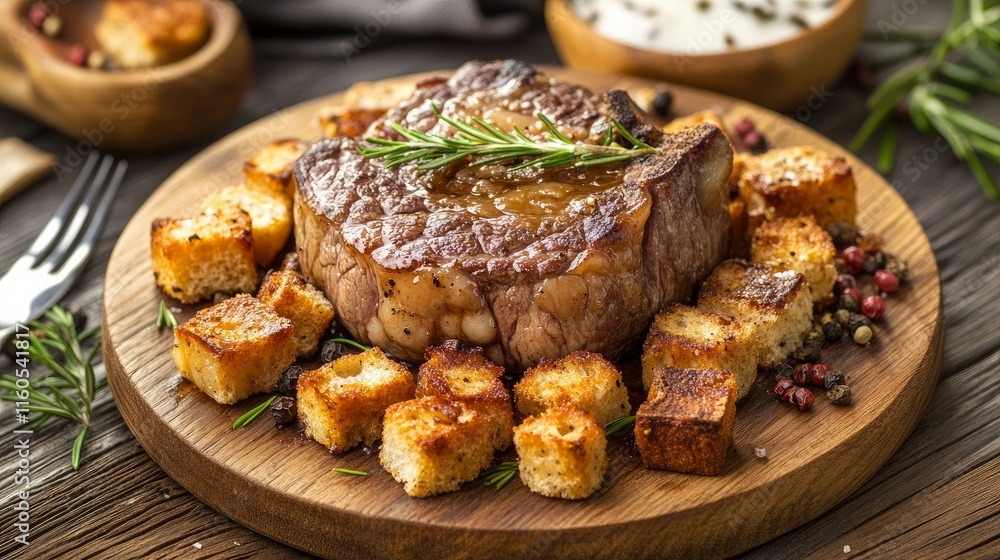 Tournedos Rossini, a French steak dish accompanied by croutons and foie gras
Tournedos Rossini, a French steak dish accompanied by croutons and foie gras