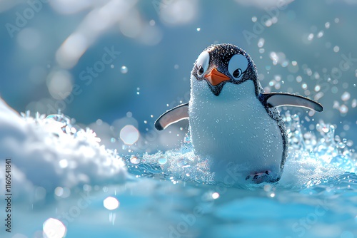 Cute penguin splashing in icy water.
