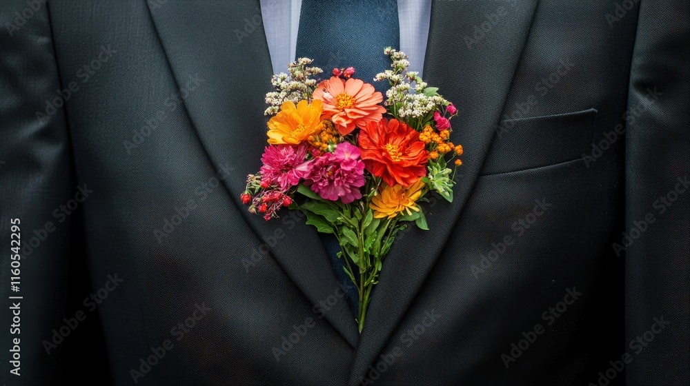 Vibrant flower bouquet in a suit lapel. Perfect for wedding, event, or formal occasions. Vibrant flower bouquet in a suit lapel. Perfect for wedding, event, or formal occasions.
