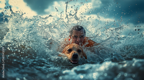 Rescuer swimming to save a dog amidst turbulent water under a dramatic sky