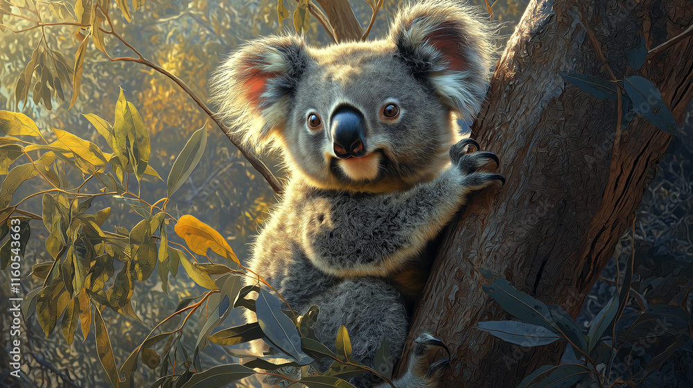 Obraz premium Portrait of a koala peacefully clinging to a eucalyptus tree in the Australian bush
