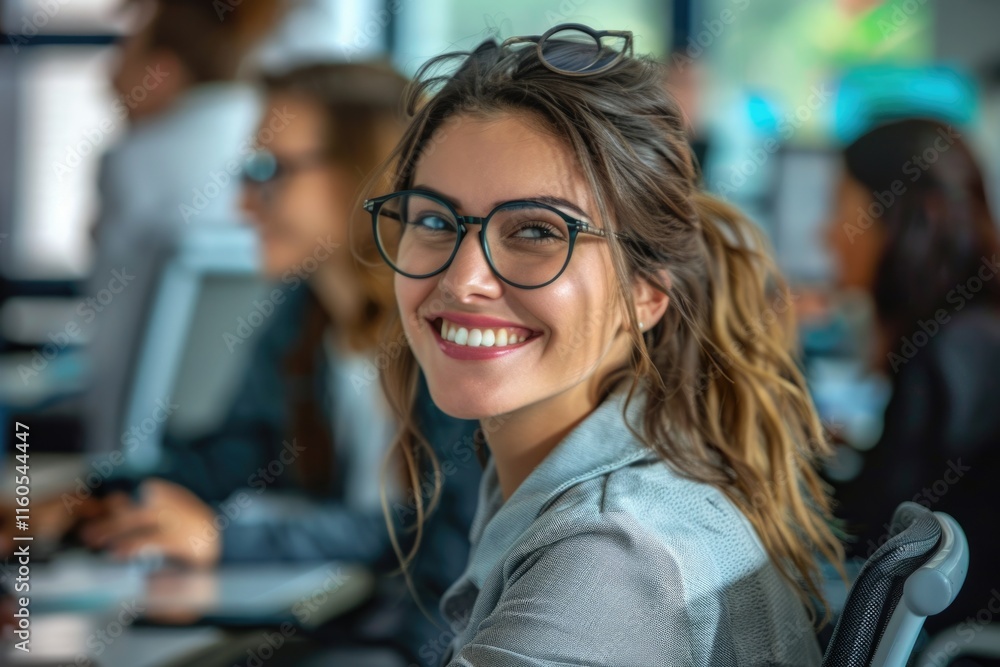 Happy young businesswoman looking behind and her colleagues working at office Happy young businesswoman looking behind and her colleagues working at office