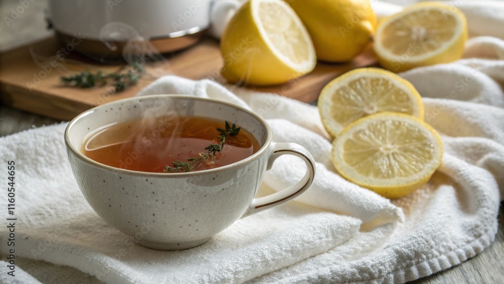 A steaming cup of herbal tea garnished with fresh thyme, surrounded by sliced lemons on a soft white towel. The cozy setting evokes warmth, relaxation, and a soothing atmosphere perfect for wellness a A steaming cup of herbal tea garnished with fresh thyme, surrounded by sliced lemons on a soft white towel. The cozy setting evokes warmth, relaxation, and a soothing atmosphere perfect for wellness a