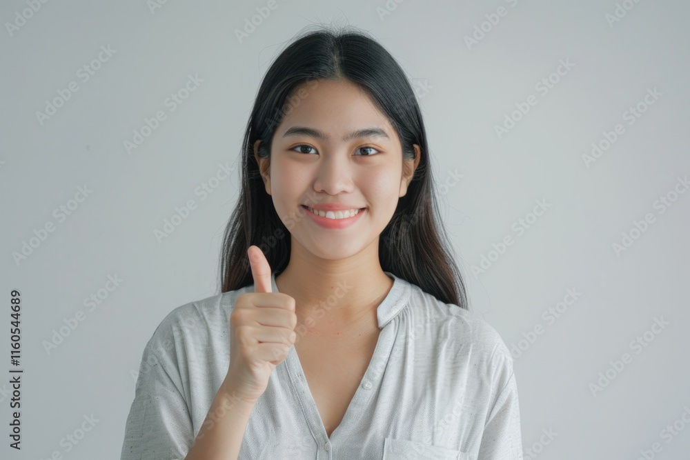 Confident Asian woman giving thumbs up recommendation. Confident Asian woman giving thumbs up recommendation.