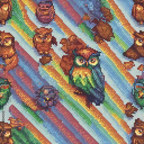 Striped background adorned with pixel art owls, perfect for retro-themed decor.