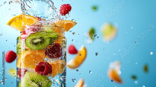 Fruitinfused water bottles with a Hawaiian beachscape, tropical wellness beverages, hydrating paradise