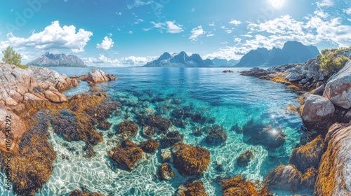 Stunning crystal-clear turquoise water lapping shallow rocky shore, dramatic mountain backdrop, bright sunny day.