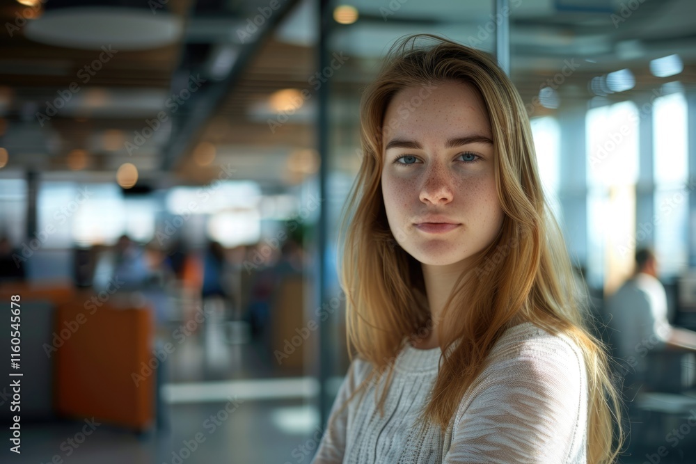 Portrait of young white woman in a busy modern workplace Portrait of young white woman in a busy modern workplace