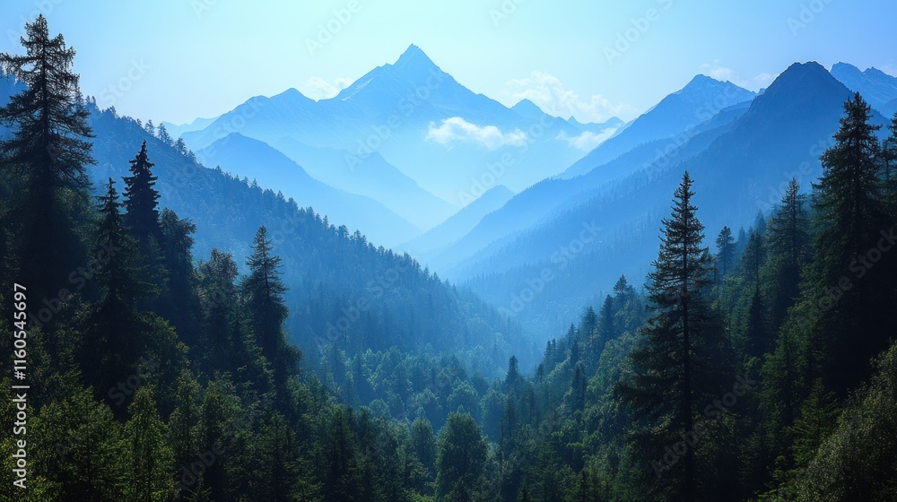 A serene mountain landscape with misty peaks and lush forests. A serene mountain landscape with misty peaks and lush forests.