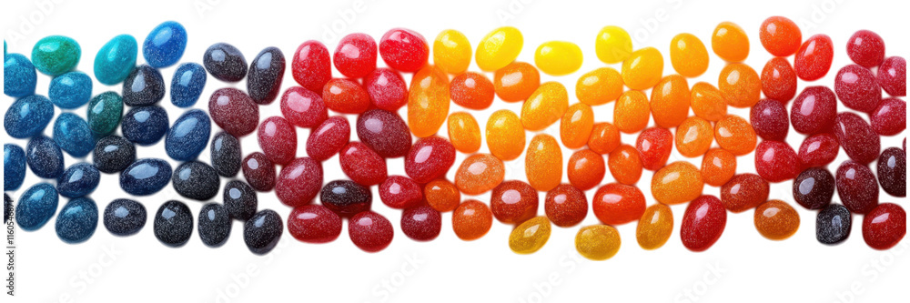 Colorful Jellybeans Spread Across Minimal White Surface, Vibrant Candies Creating a Playful, Whimsical Display Colorful Jellybeans Spread Across Minimal White Surface, Vibrant Candies Creating a Playful, Whimsical Display