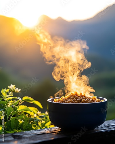 Local barley stew served with Scottish highlands in the background, sustainable rustic meals, earthy charm photo