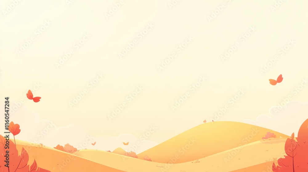 Peaceful autumn landscape with rolling hills and falling leaves under a soft sunlight. Peaceful autumn landscape with rolling hills and falling leaves under a soft sunlight.
