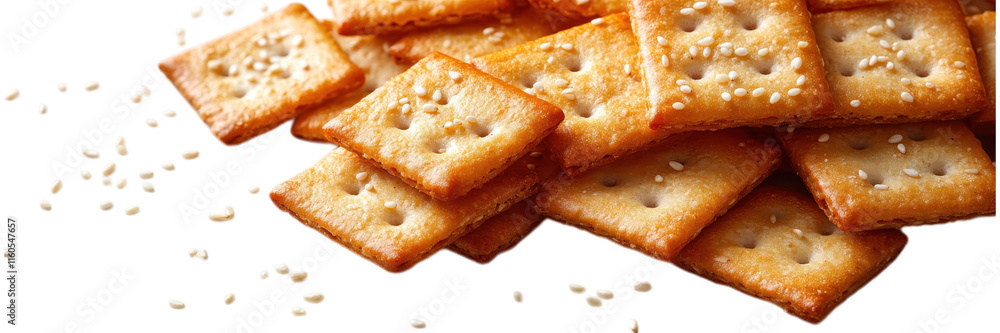 Sesame Seed Crackers on White, delicate crackers topped with sesame seeds, elegantly displayed against a clean, minimalist backdrop. Sesame Seed Crackers on White, delicate crackers topped with sesame seeds, elegantly displayed against a clean, minimalist backdrop.
