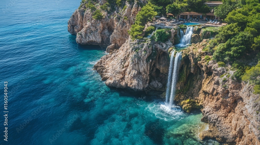 Fototapeta premium a waterfall by the cliff seen from aerial view