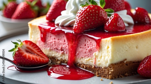 Delicious Strawberry Cheesecake with Whipped Cream and Glaze photo